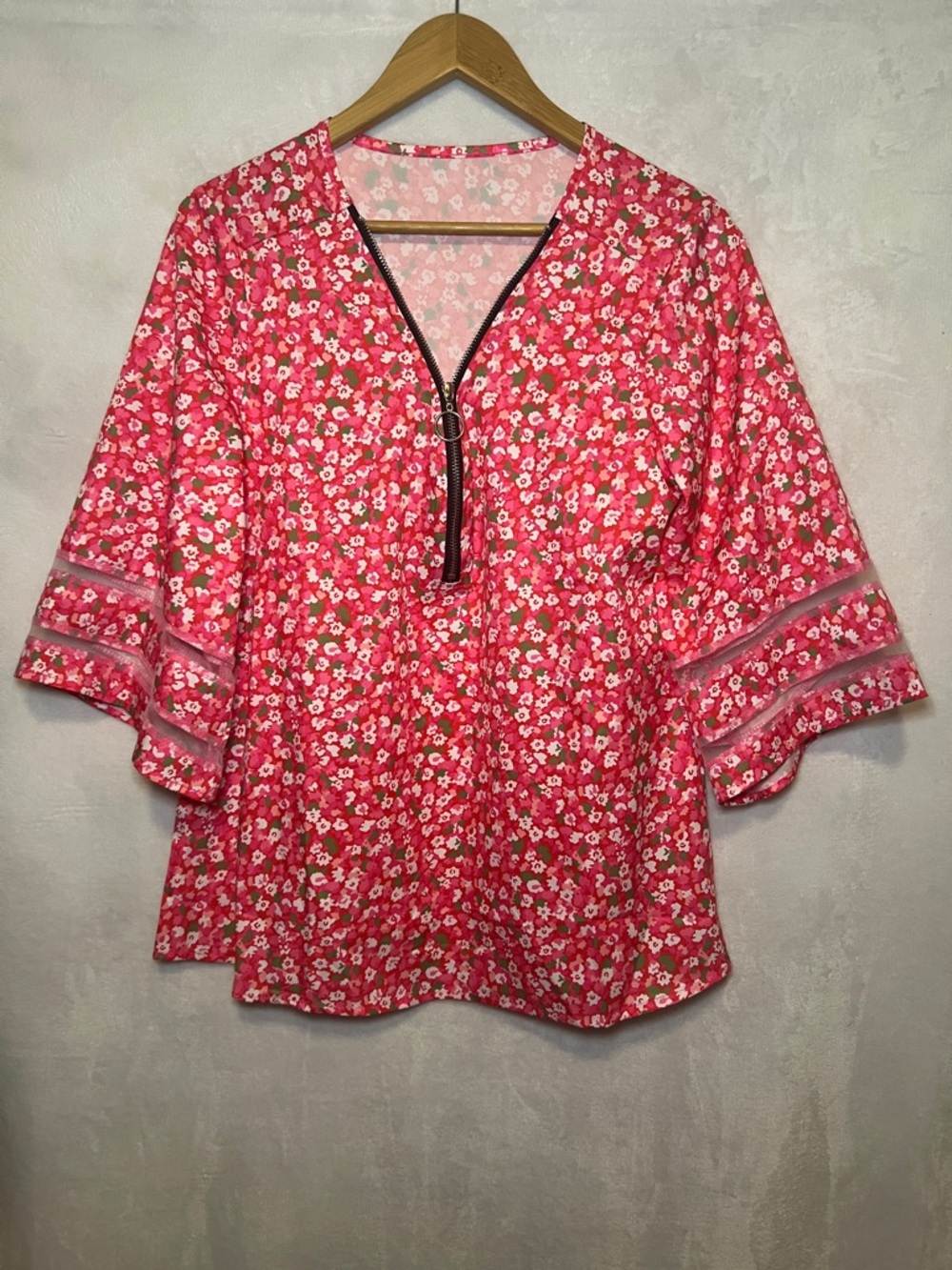 Pink Floral Blouse Zip Front Boho Cottagecore Peplum Top Women’s Lightweight Med